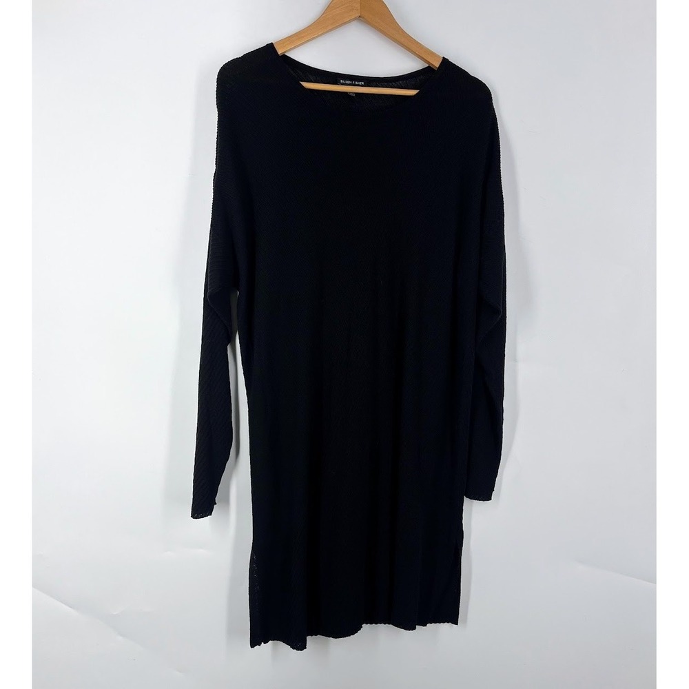 Eileen Fisher Black Tencel Ribbed‎ Tunic Sweater XL F19BMV Italian Yarn Relaxed